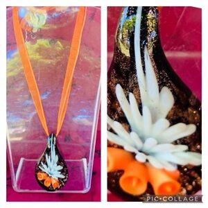 Orange black and White Floral Boho art Glass Pendant Statement Necklace